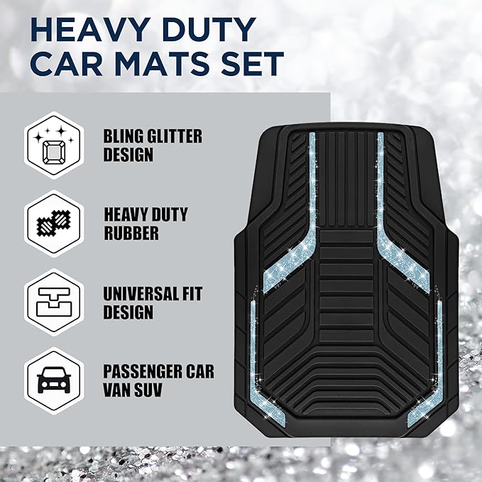 PIC AUTO Car Floor Mats, Light Blue Sparkly Crystal Bling Glitter Car Mats Set, Front and Rear Heavy Duty Rubber Car Mats with Anti-Slip Backing, All Weather, Trim-to-Fit for SUVs, Trucks, Sedan, Vans