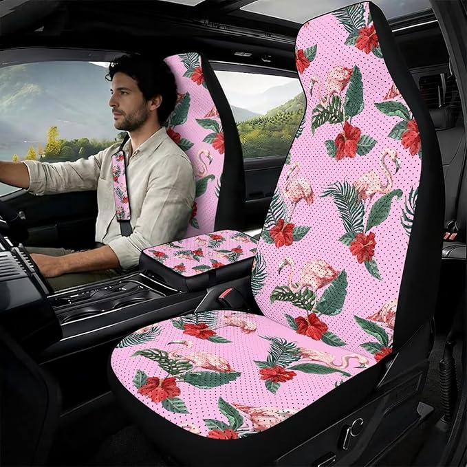 Qeluxign Car Seat Covers Full Set Flamingo Tropical Floral Universal Fit Auto Front Seat Covers and Seatbelt Pads Armrest Cushion Gifts for Women Protect Your Car Interior