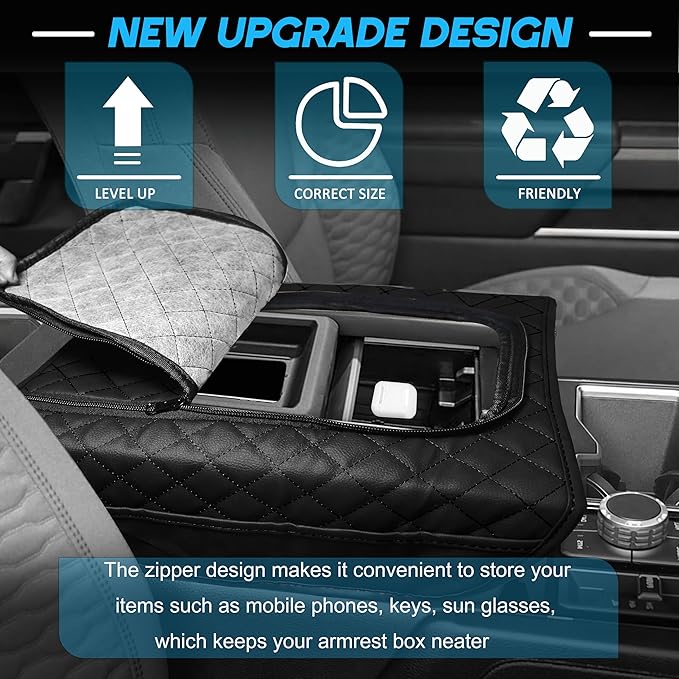 SENSHINE Center Console Armrest Cover for Toyota Tundra 2022-2026/Sequoia 2023-2026 Armrest Seat Stroage Box Cushion Lid Protector Pad with Zipper Leather Interior Accessories, Black Stitch