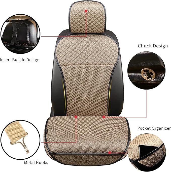 XZPILINA Breathable Car Seat Cover,Luxury Front Seat Cover,Durable and Non Slip,Polyester Silk Material, Universal Car Seat Cushion,Suitable for All Seasons,Airbag Compatible(Beige，2PCS)