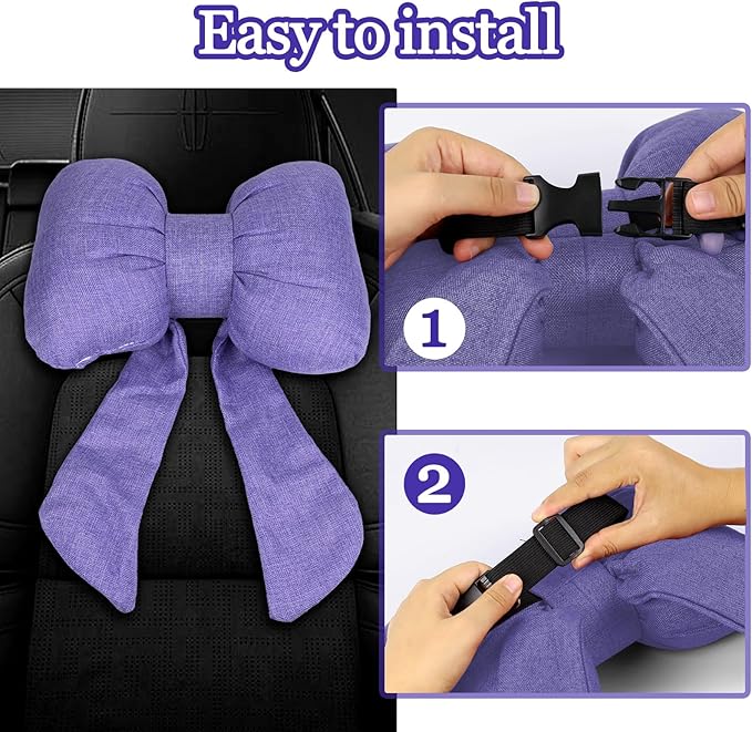 wuyaoyao Bow Car Headrest Pillow, Cute Bow Shape Car Neck Pillow, Soft Comfortable Automotive Seat Headrest Pillows for Driver, Universal Vehicle Neck Support Cushion for Sleeping Travel(Purple)