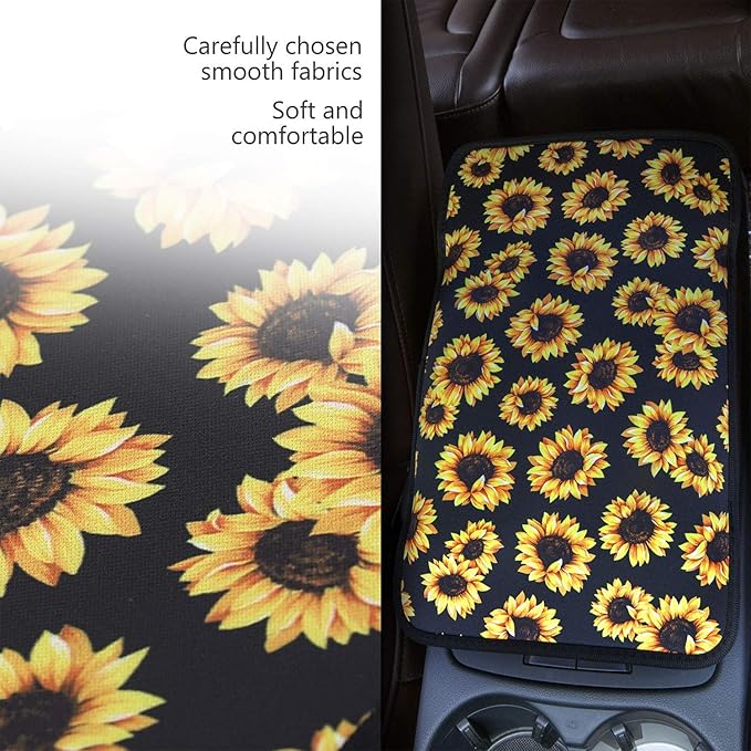 JEOCODY Sunflowers Cow Print Car Center Console Armrest Cover Car Interior Decorative Accessories Universal Fit for Sedan, Truck, SUV