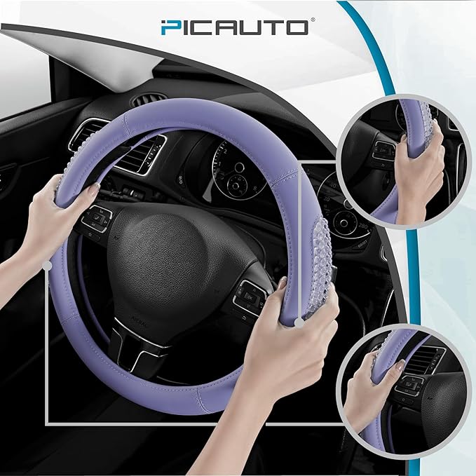 PIC AUTO Steering Wheel Cover, Glitter Gel Particles & Purple Luxury Leather Car Steering Cover, Universal Fit 14.5"-15.5" Anti-Slip Car Wheels Cover for Girls & Women