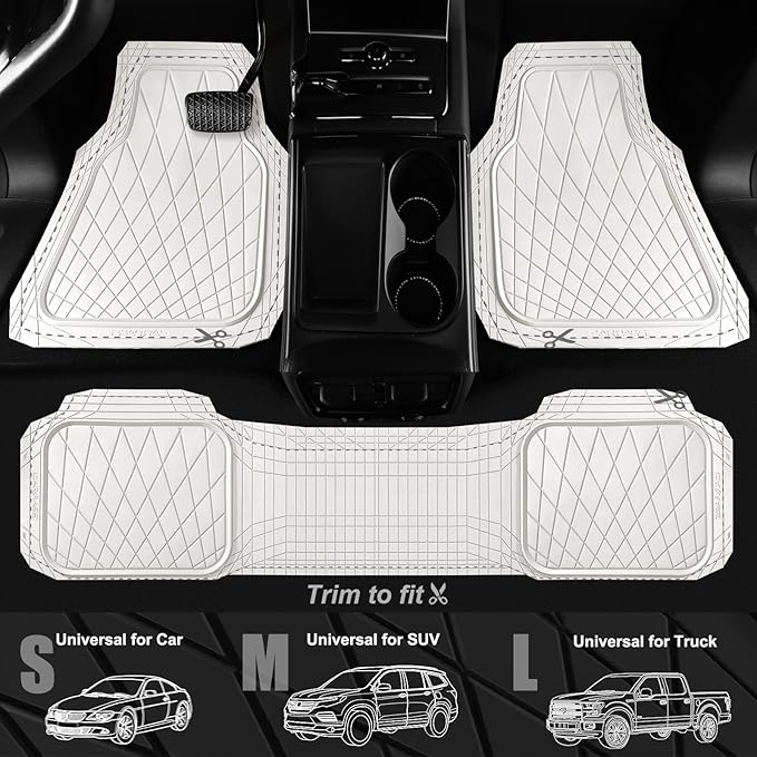 CAR PASS Heavy Duty Rubber Car Floor Mats, Deep Dish All Weather Car Mats Full Set, 3 Piece Waterproof Premium Anti-Slip Floor Mats Rugs Universal Trim to Fit for 95% Sedan SUV Van Truck, White
