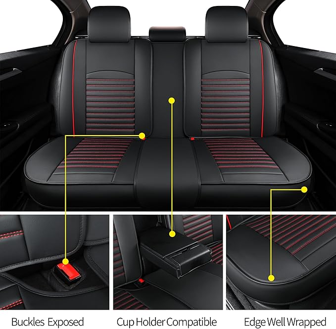 Vankerful Leather Seat Covers for Cars,Car Seat Covers Full Set,Automotive Seat Covers for Trucks,SUV,Leatherette,Universal Fit,Airbag Compatible Vehicles Seats Cushions(Full Set,Black-Red)