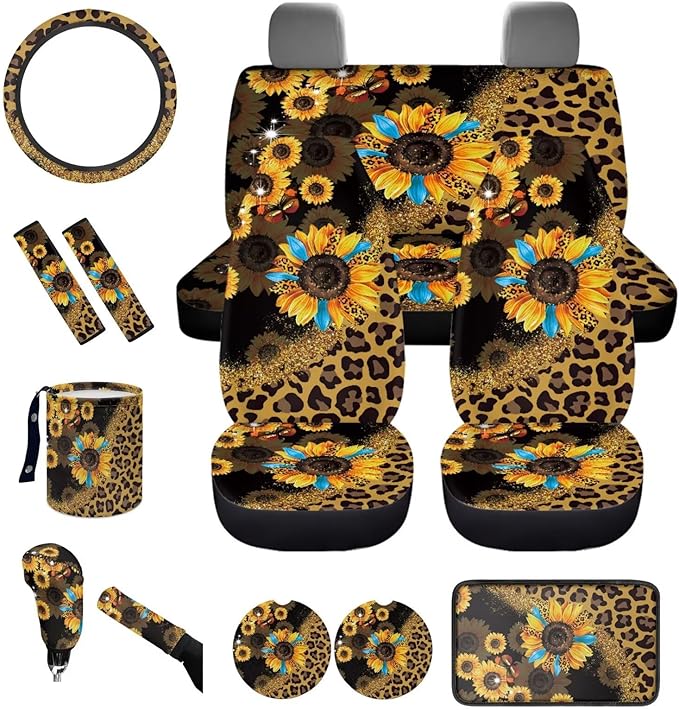 Dngkaoje Leopard Sunflower Car Seat Covers Full Set 13 Pcs Hippie Sunflower Car Accessories Set with Hanging Trash Can,Seatbelt Shoulder Pads,Steering Wheel Covers,Fit for Most Truck SUV
