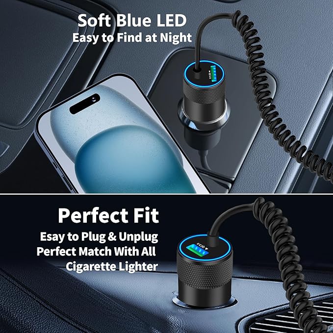 [Apple MFi Certified] iPhone Car Charger Fast Charging, Rombica 4.8A USB Car Power Cigarette Lighter Car Carplay Charger with 6FT Coiled Lightning Cable for iPhone 14 13 12 11 Pro Max XS XR X SE iPad