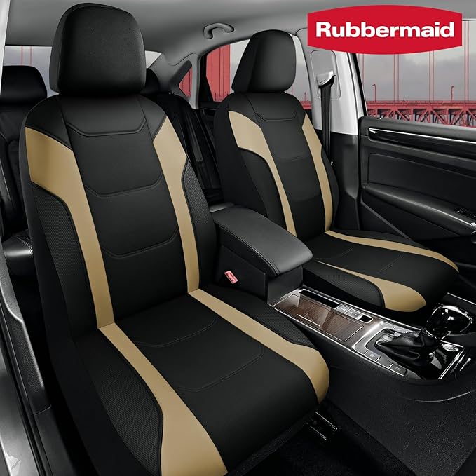 Rubbermaid Leather Car Seat Cover – Universal Front Seat Cover, Airbag Compatible, Easy to Install, Water-Resistant and Durable Automotive Seat Cover for Cars, Trucks, SUVs, Vans – Beige