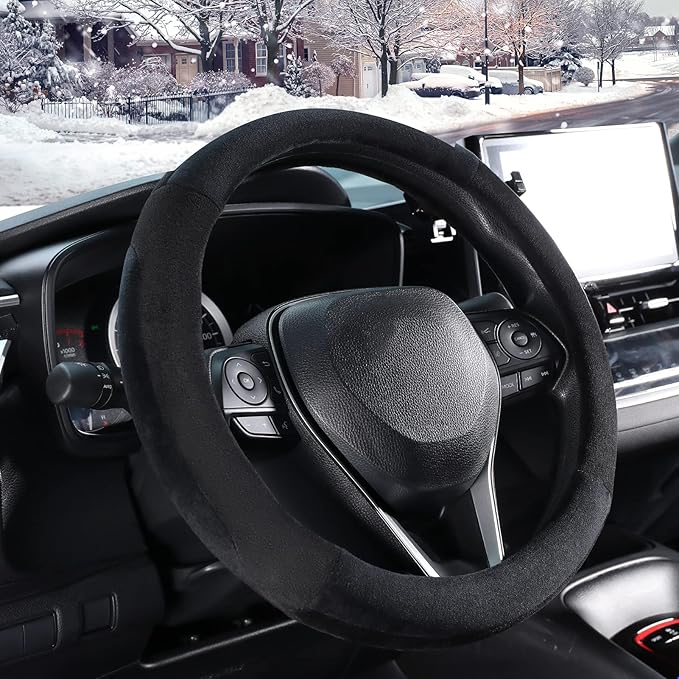 SEG Direct Steering Wheel Cover for Car, Standard Size 14.5-15 inch, Auto Interior Accessories, Plush Warm Velvet, Summer Winter, Black