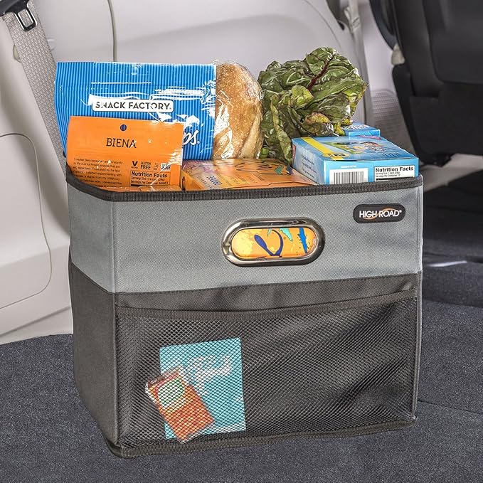 High Road CargoCube Car Storage Bin - Leakproof Car Trunk Storage Organizer with Metal Handles and Front Mesh Pocket, 12x12 Inches - 2 pack