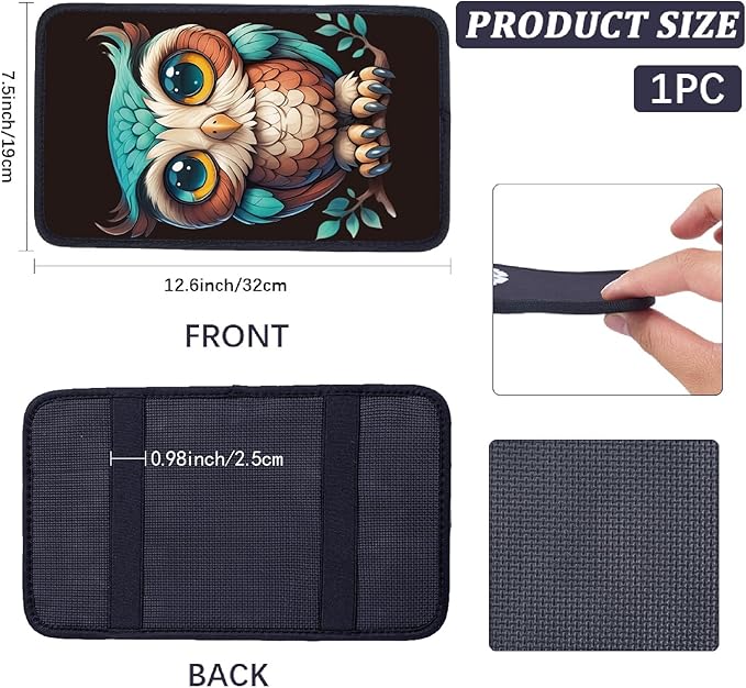 CREATCABIN Owl Auto Center Console Cover Car Armrest Cushion Auto Armrest Storage Box Pad Soft Anti-Slip Lines Waterproof Car Accessories Interior with Elastic Band for Vehicle SUV Truck 12.6×7.5in
