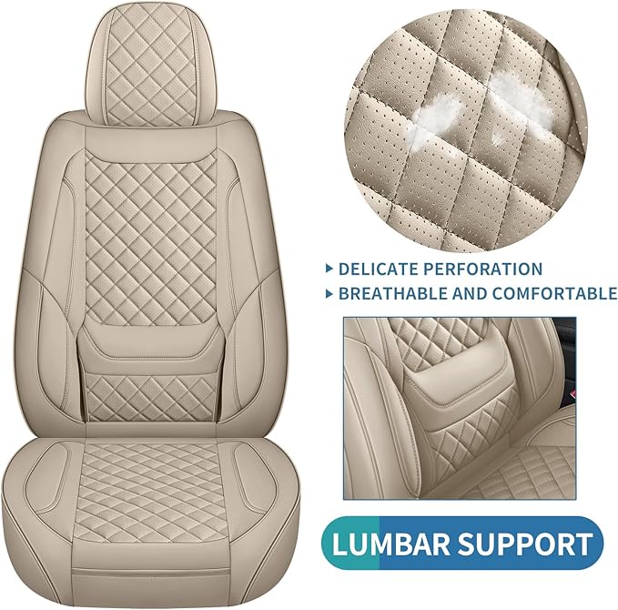 SCOMEE Beige Leather Car Seat Covers Full Set Breathable Seat Protectors Waterproof Automotive Seat Covers Universal Fit for Most Cars SUVs Trucks Vehicles
