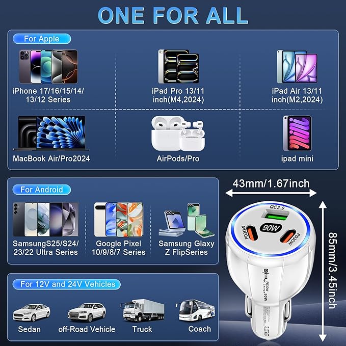 Amiss Car Charger Adapter, 3 Port USB-C & USB-A 90W Fast Charger, Car Interior Accessories, Essential Travel Gifts for Men and Women, Fit for iPhone 17/16/15/14/13Pro Max, Samsung, Android (White 2pc)