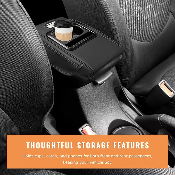 Car Center Console Armrest Pillow, 5-in-1 Armrest Cushion w/ 2 Side Bags, Tissue Box Slot, Cup & Phone Holder, Multifunctional Leather Arm Rest Cover Storage Organizer (Black, Normal)
