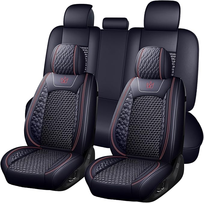 HighnessHwoo Luxury Car Seat Covers Full Set, Breathable Faux Leather Car Seat Protector, Dog Child Kids Summer Ventilated Seat Cushion for Front & Back Seats, Universal, Black, Full Set 5 Seats
