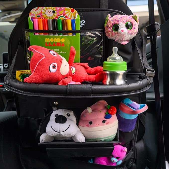 PINUK Car Backseat Organizer with Built-in Foldable Tray | Double Layered Leather, Waterproof Car Seat Organizer with - Pockets | Easy Installation, Perfect for Family Trips and Daily Use