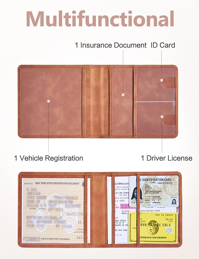Mymazn Car Registration and Insurance Holder, Faux Leather Glove Box Organizer with Magnetic Closure for Driver's License & Essential Documents, Vintage Brown
