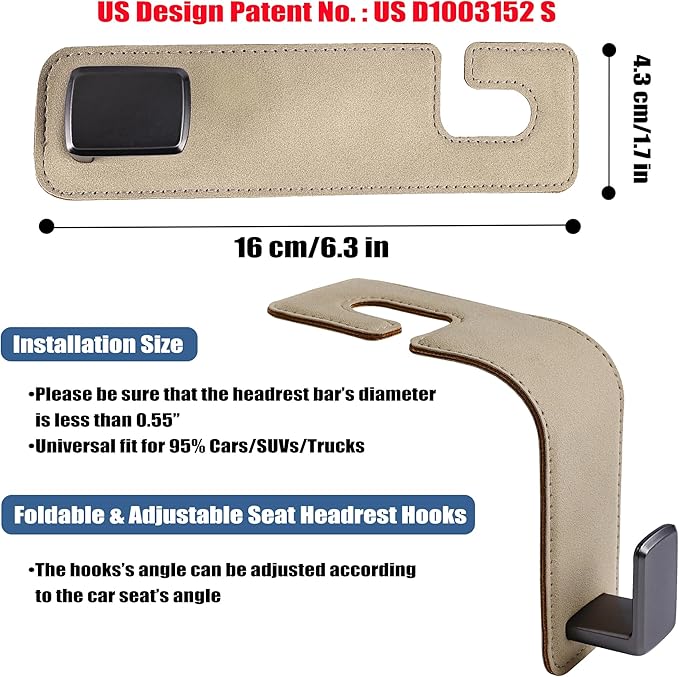 Amooca Car Seat Back Hook Universal Auto Storage Hanger Suede with Metal Car Seat Organizer for Handbag Purse Coat Umbrellas Grocery Bags 2 Pack Beige