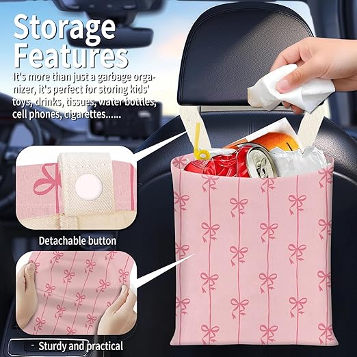 BEAKND Hanging Car Garbage Bag, Cute Car Trash Can Bag, Automotive Accessories for Women Men Cute Pink Bow Stripe