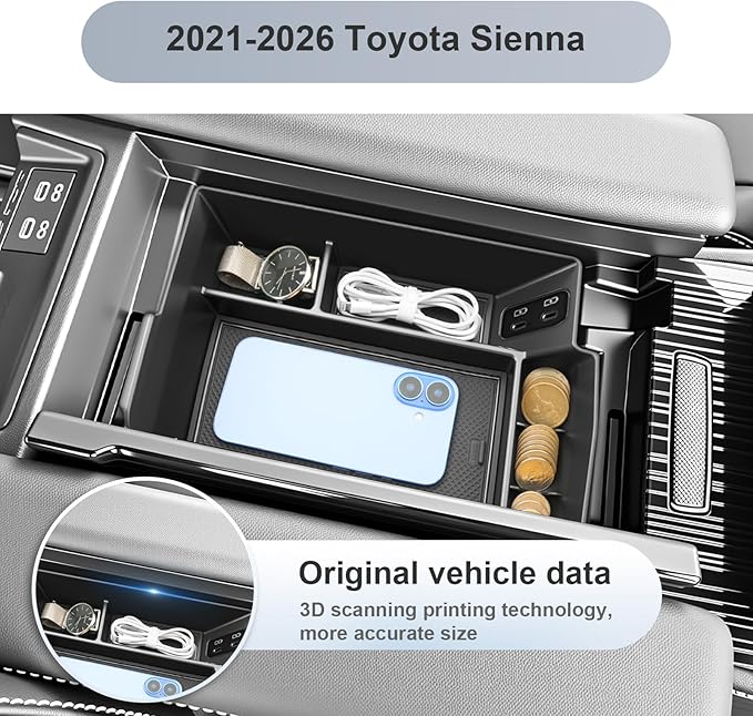 SKTU for 2025 2026 Toyota Sienna Accessories Center Console Organizer for 2021-2026 Toyota Sienna Console Tray 2026 Sienna ABS Console Organizer with Coin Holder (Not Fit Models with Refrigerator)