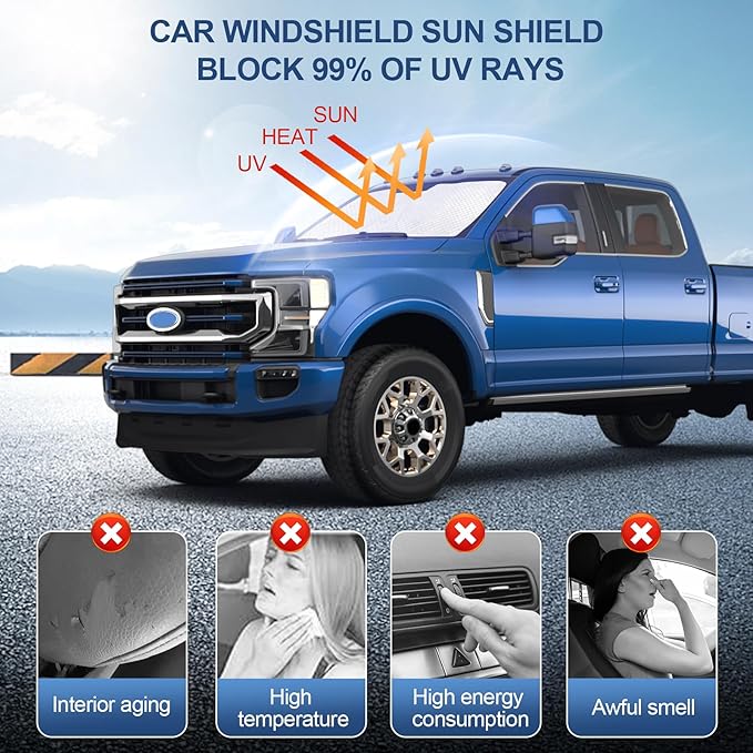 KMF Windshield Sun Shade for Ford F250 F350 F450 F550 2Door 4Door 2017-2022 with 310T Foldable Car Sun Shade,Custom Fit Sunshade for Front Window Sun Visor Protector Block UV Rays Accessories