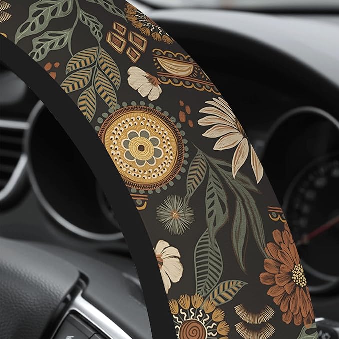 Cute Steering Wheel Cover for Women, Machine Washable Universal 14.5-15.5 inch Non-Slip Grip All Weather Use (Retro Floral)