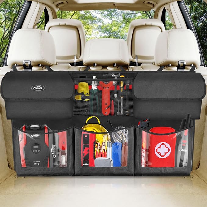 Oasser Back Seat Trunk Organizer Hanging Car Organizer Trunk Foldable Cargo Storage with 6 Large Pockets 3 Adjustable Straps 40x19inch