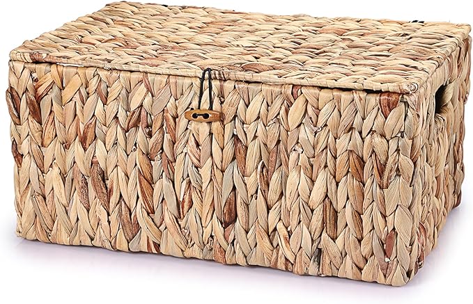 Hipiwe Wicker Storage Bins with Lid, X-Large Handwoven Water Hyacinth Wicker Baskets Rectangular Decorative Shelf Baskets Bin Built-in Handles Household Basket Boxes for Shelf Home Organizing