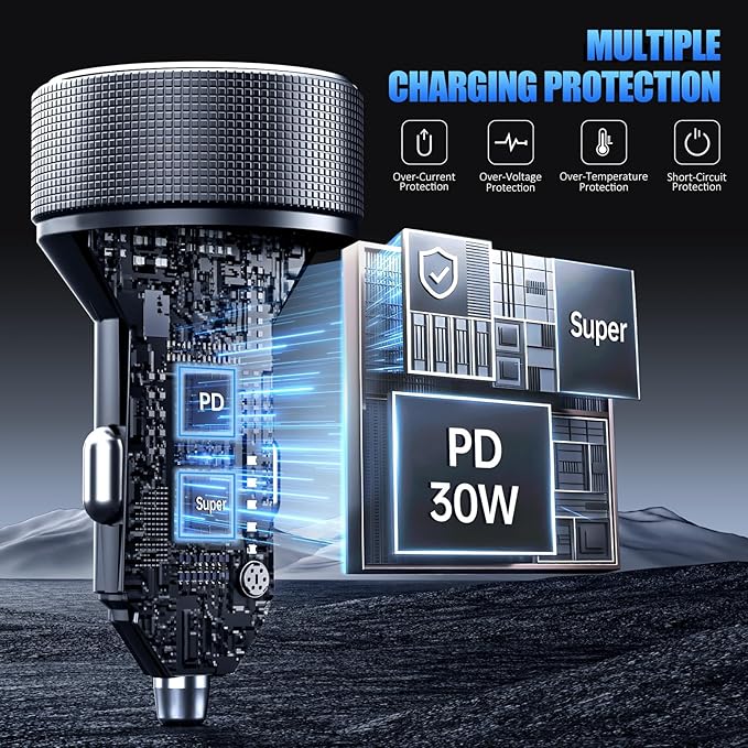 Car Charger USB C, 78W 4 Port Fast Charging Car Phone Charger Adapter, Dual USB-C & USB-A Cigarette Lighter Adapter with Voltmeter Vehicle Accessories for iPhone 17 16, iPad, Samsung, Android