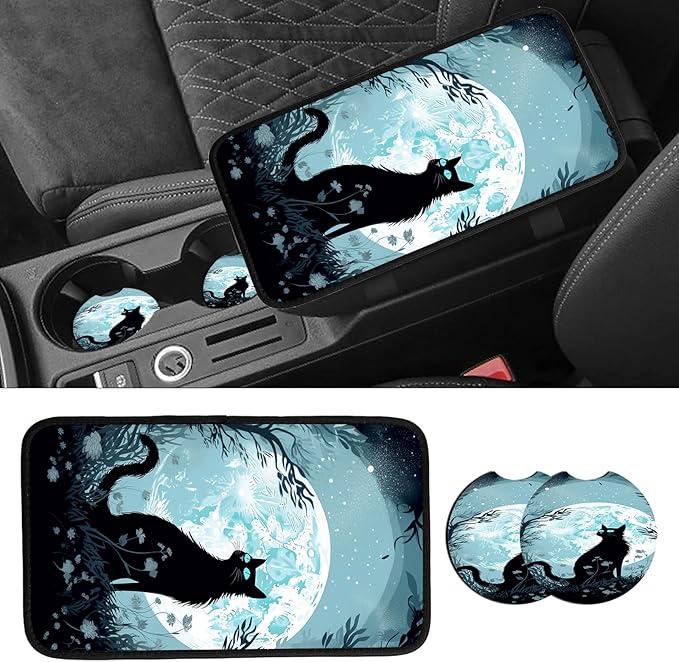 JANENFNA Car Armrest Cover Pads Universal Fashion Cute Auto Center Console Armrest Cover Pad with 2PCS Car Coasters Soft Waterproof Car Armrest Seat Protector for Women,Moon Garden Cat