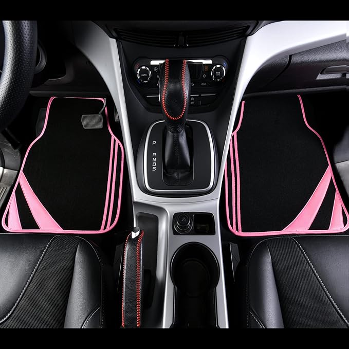 CAR PASS Pink Edge Faux Leather Car Floor Mats Universal Car Carpet Mats with Double Stitch Line Anti-Slip Backing Design, for Cute Girly Women, Fit 95% Automotive,SUVs,Sedan,Vans (Black and Pink)