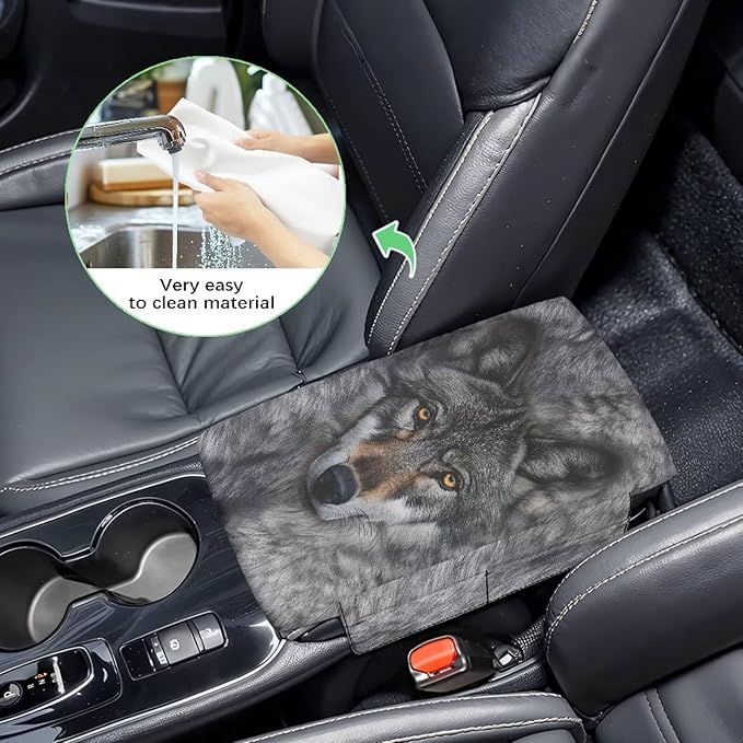 Dreaweet Car Center Console Cover with Pockets Grey Wolf Car Accessories for Women Men Thick Arm Rest Cover for Car SUV Truck Non Slip Comfortable Car Armrest Cushion Cover Pad