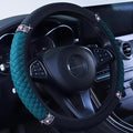 Bling Soft Leather Steering Wheel Cover 15 Inch with Sparkly Diamond Rhinestones for Women and Girls – Elastic Car Accessory for Most Cars (Dark Green)