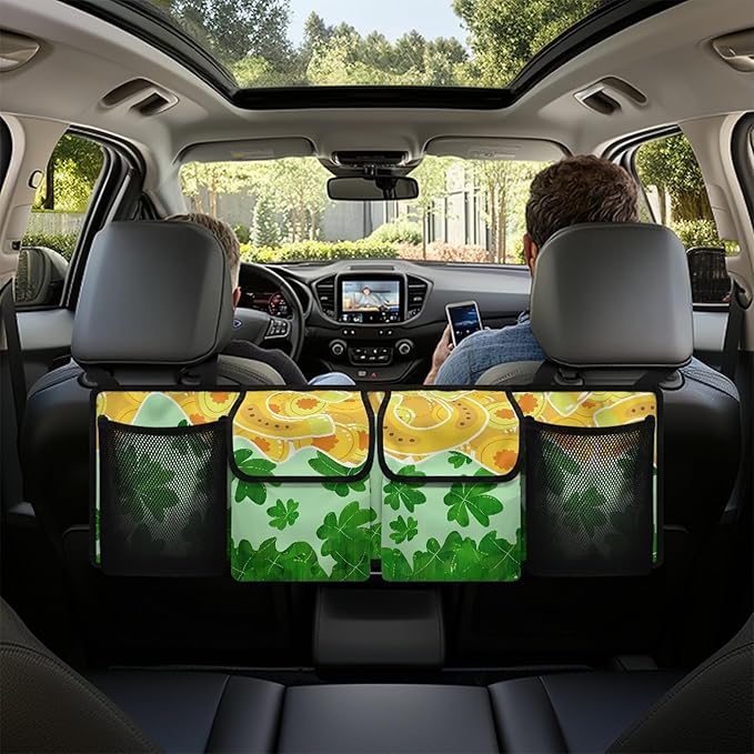 CLOHOMIN Green Leaf Car Trunk Organizer St. Patrick's Day Car Storage Organizer Washable Backseat Hanging Large Storage with Adjustable Strap Collapsible Car Storage Bag for Sedans, Trucks, SUVs