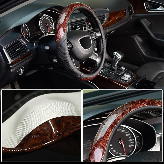 KAFEEK Wood Grain Steering Wheel Cover, Universal 15 inch, Microfiber Leather,Anti-Slip, Odorless