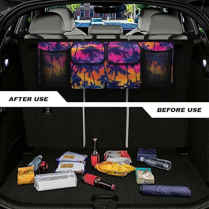 CLOHOMIN Coconut Tree Car Trunk Organizers and Storage Sunset Backseat Car Organizer with Net Hanging Car Storage Bag with 4 Pockets Car Accessories Gifts