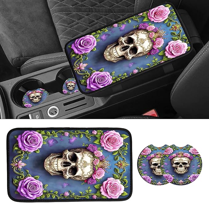 JANENFNA Car Armrest Cover Pads Universal Fashion Cute Auto Center Console Armrest Cover Pad with 2PCS Car Coasters Soft Waterproof Car Armrest Seat Protector for Women,Skull with Pink Roses