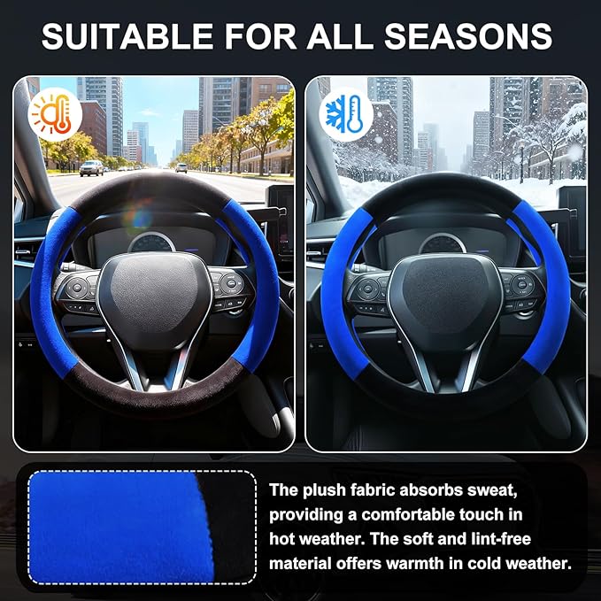 SEG Direct Steering Wheel Cover for Car, Standard Size 14.5-15 inch, Auto Interior Accessories, Warm Plush, Summer Winter, Black and Blue
