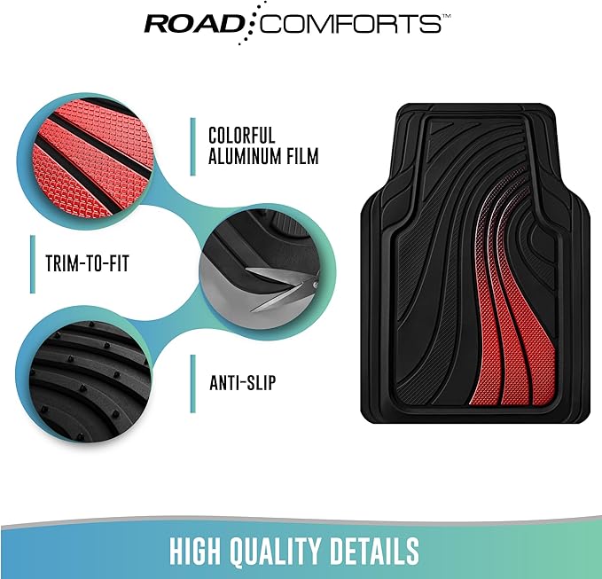 Road Comforts Car Floor Mats Full Set – Front & Rear Car Floor Mats with Aluminum Design, Anti-Slip Backing, All-Weather Protection, Trim-to-Fit Car Mats for Most Sedans, SUVs & Vans - Red
