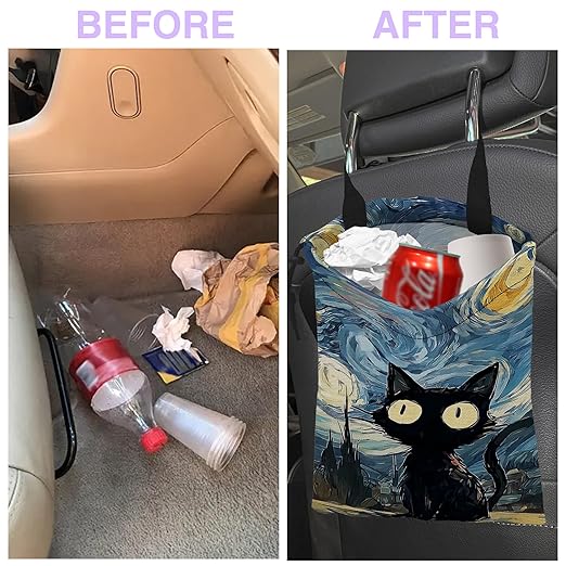 UUCBTAH Car Trash Bag Cat Under The Starry Sky Car Garbage Bag Waterproof Car Trash Can for Back Seat with Adjustable Straps and Drawstring, Foldable Car Trash Bin for Car Accessories