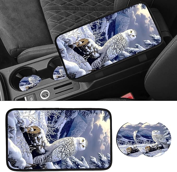 JANENFNA Car Armrest Cover Pads Universal Fashion Cute Auto Center Console Armrest Cover Pad with 2PCS Car Coasters Soft Waterproof Car Armrest Seat Protector for Women,Snowy Owl
