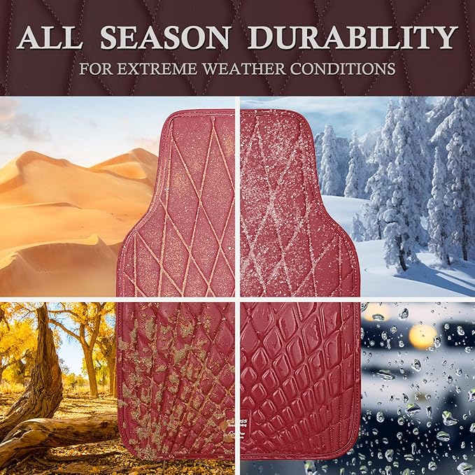 CAR PASS Luxury Faux Leather Floor Mats for Cars, Waterproof All Weather Car Mats Full Set, Anti-Slip Deluxe Automotive Floor Mats Universal Fit for Most SUV,Vans,Sedans,Trucks, 4 Piece Burgundy Red