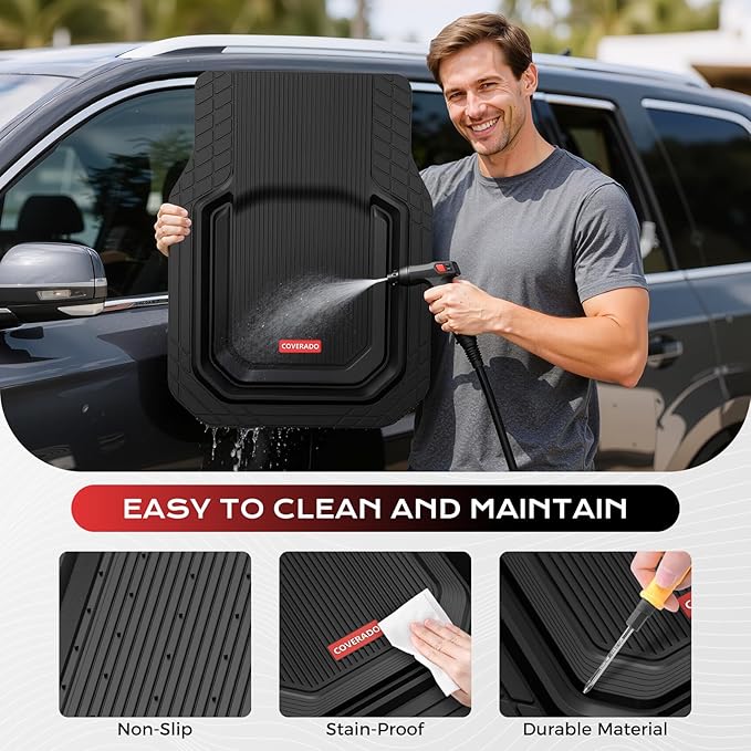 Coverado Car Floor Mats for Cars, Waterproof All Weather Protection, Deep Dish Car Mats, Universal Trim to Fit Automotive Mats Car Accessories for Cars SUV Truck, 3PCS Set, Black