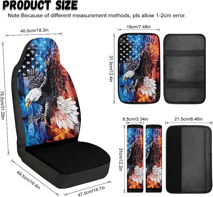 Qeluxign 5-Piece Car Accessories Set Universal Fit PU Leather Seat Covers Seatbelt Pads and Armrest Cover for Cars, Trucks, SUVs,Flame Eagle American Flag