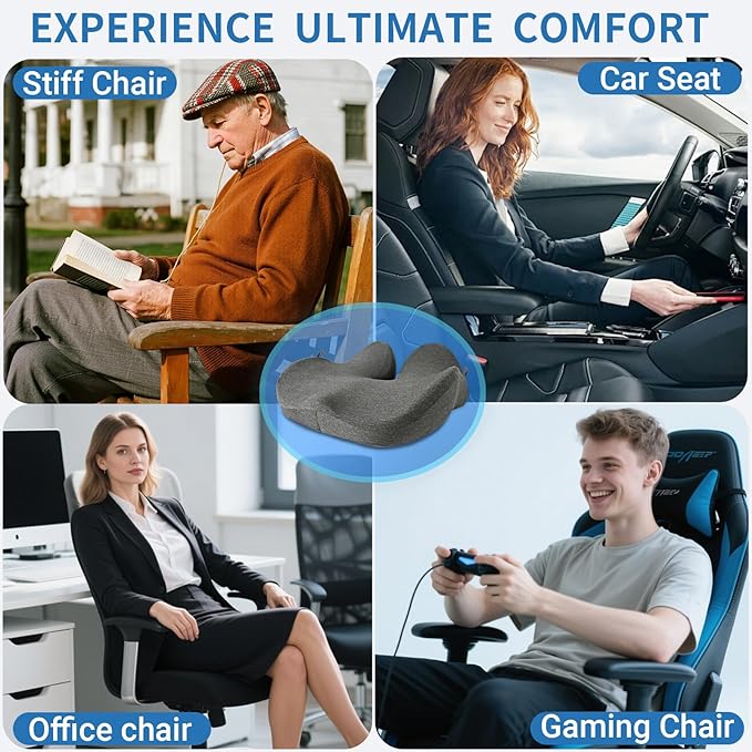 XZdream Memory Foam Seat Cushion,High Support Ergonomic Office Chair Cushion Thickened with Strap for Hip, Sciatica,Hemorrhoids,and Tailbone Pain Relief,Seat Cushion for Car,Home,Office