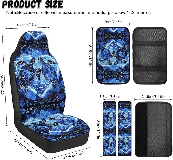 Qeluxign 5 Pieces Car Seat Cover Full Set, Sea Turtle Floral Seat Covers Car Seatbelt Pads Vehicle Center Console Armrest Cover Pad for Truck SUV Sedan Automotive Interior Decoration Accessorie