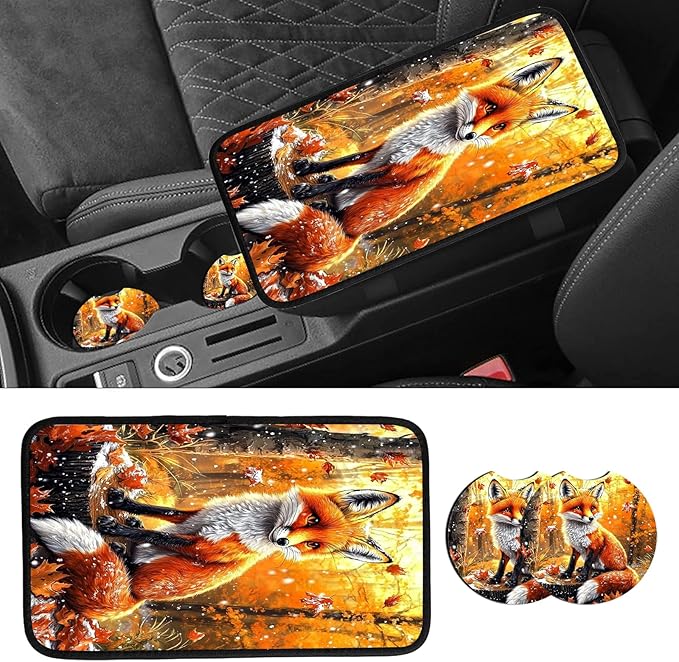 JANENFNA Car Armrest Cover Pads Universal Fashion Cute Auto Center Console Armrest Cover Pad with 2PCS Car Coasters Soft Waterproof Car Armrest Seat Protector for Women,Maple Leaf Fox