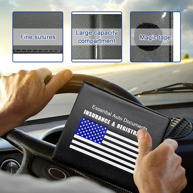 Ziciner Car Registration Insurance Holder, 2Pack Essential Auto Card Document Glove Box Organizer with Touch Fastener, Vehicle Interior Accessories Perfect for Most Car, Truck, SUV (Black/Blue Flag)