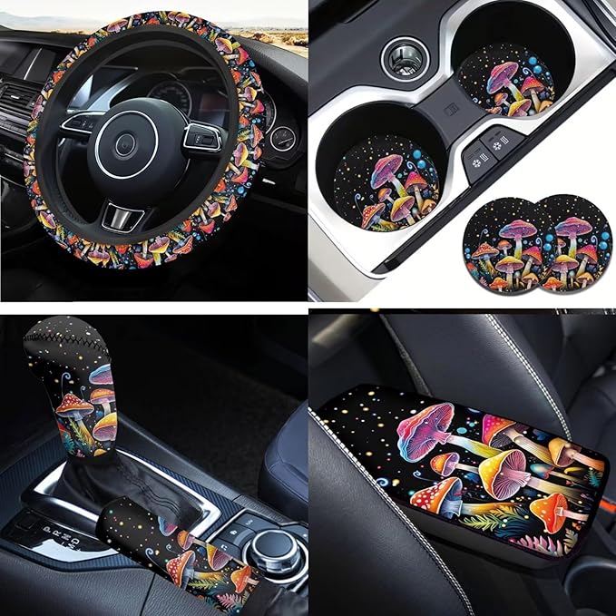 Colorful Mushroom Car Steering Wheel Cover Auto Interior Accessories 6 PCS Cup Coaster Cars Handbrake Cover Fits Most Car Truck Van and SUV