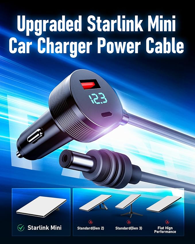 Starlink Mini Car Adapter, 12V-24V Car Charger with USB-C & USB-A Ports, 3-in-1 Aluminum Alloy Power Cable, Waterproof 10FT Cord with LED Voltage Display, Starlink Mini Accessories
